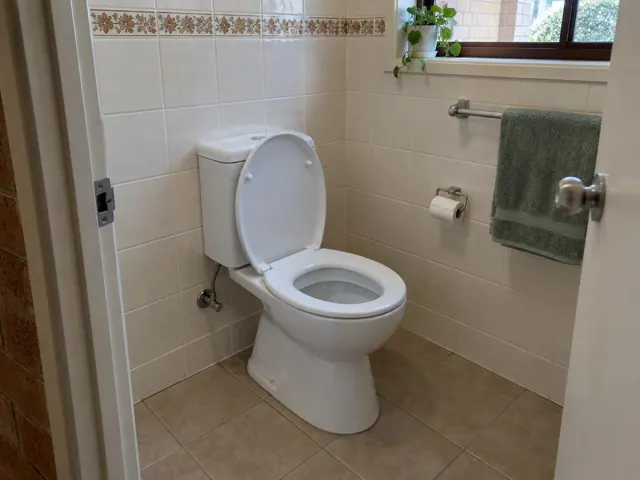 Clean white toilet in a tiled bathroom with towel rail and window in Cherrybrook